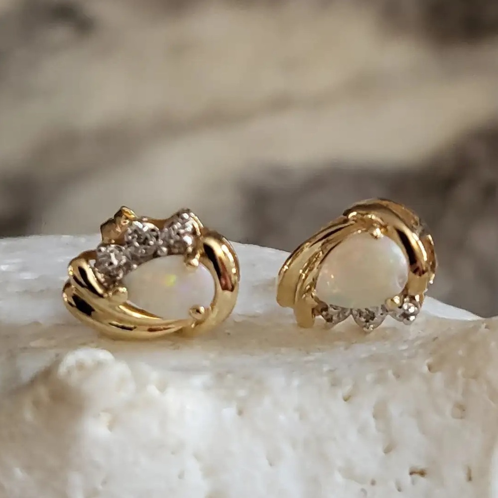10K YG Opal and Tiny Diamond Stud Earrings